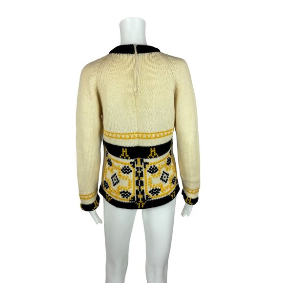 Vintage 60s Sweater Women's Medium Nordic Yellow Pattern Mod Pullover - Picture 8 of 10